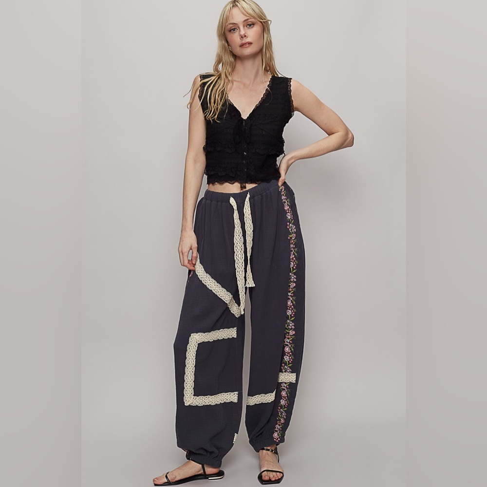 POL Women's Navy Track Pants with Cream Lace Trim